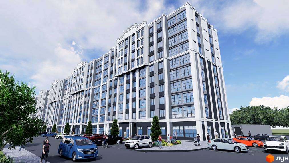 Висотна будівля ЖК Затишний з великою кількістю вікон та балконів. На прибудинковій території парковка та зелені насадження.