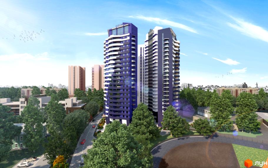 Житловий комплекс Alter Ego: дві високі сині будівлі з білими балконами та сучасними фасадами на фоні міського пейзажу та зелені. Навколо комплексу розташовані дерева та дорога з автомобілями.