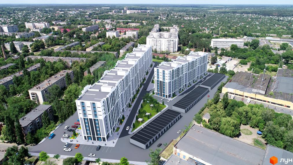 Житловий комплекс Затишний - це сучасна новобудова з біло-сірим фасадом та великими вікнами, розташована поруч із зеленим сквером та парковкою.