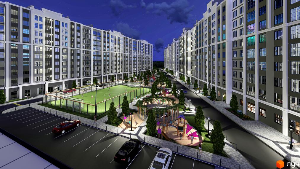 Зовнішній вигляд житлового комплексу ЖК Затишний з фасадами сірого та білого кольорів, що має спортивні майданчики та дитячі зони для відпочинку.