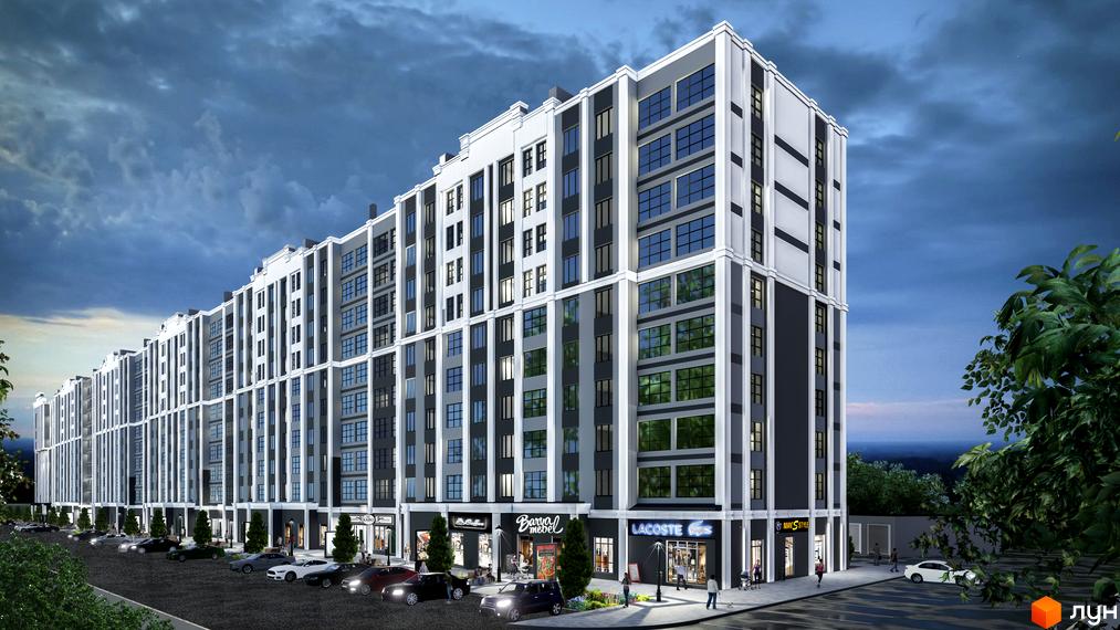 Багатоповерховий будинок житлового комплексу Затишний з магазинами на першому поверсі та парковкою перед будинком.