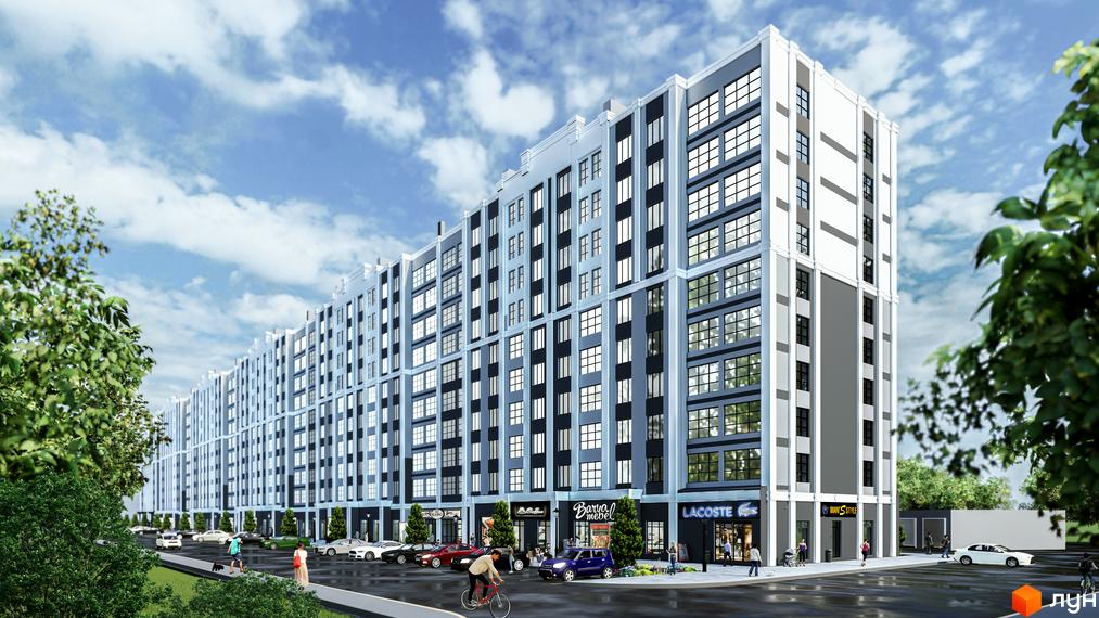 Зовнішній вигляд житлового комплексу Затишний з численними вікнами та комерційними приміщеннями на першому поверсі. На прибудинковій території розташовані автомобілі та дерева.