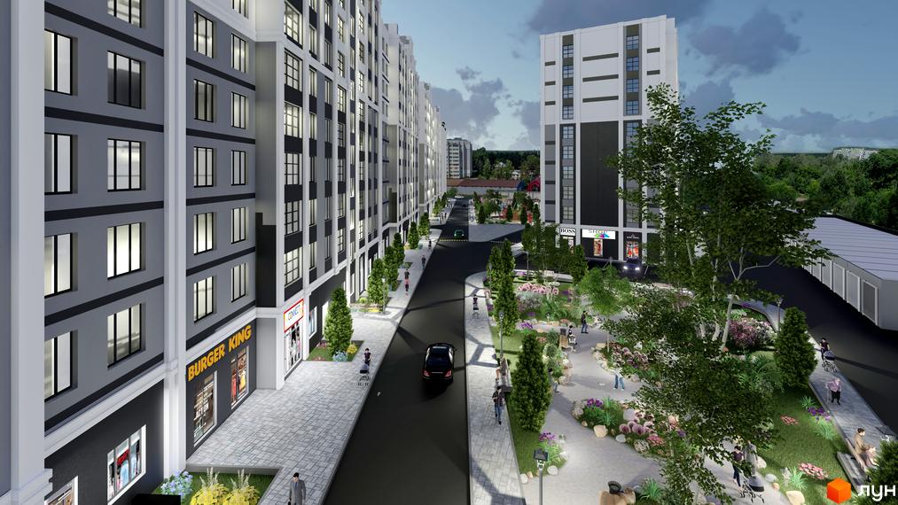 Зовнішній вигляд новобудови ЖК Затишний з фасадами сірого та білого кольорів та прибудинковою територією з зеленими насадженнями та місцями для відпочинку.