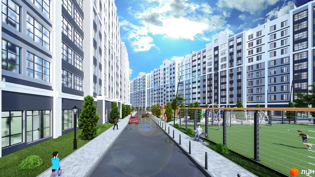 Зовнішній вигляд ЖК Затишний з сірими та білими фасадами, вікнами та прибудинковою територією з дитячим майданчиком та спортивною зоною.