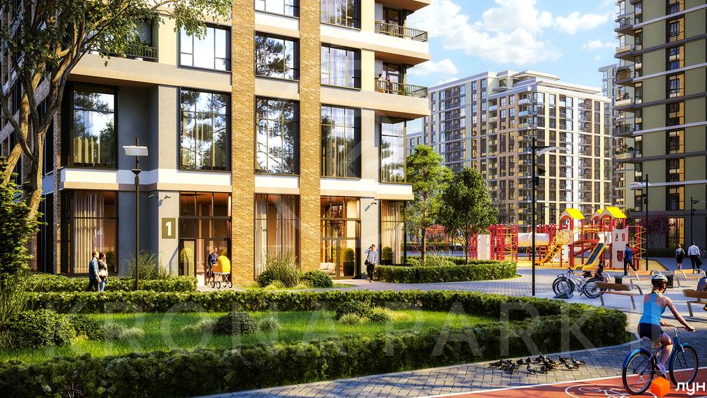 Житловий комплекс Krona Park II: багатоповерхові будинки зі світлими фасадами та великими вікнами. Прибудинкова територія з дитячим майданчиком, зеленими насадженнями та доріжками.