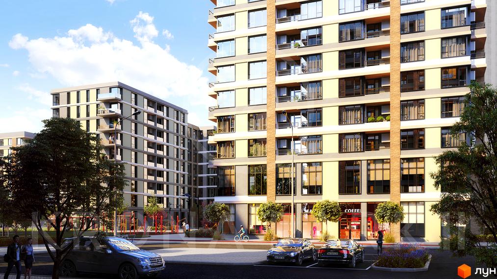 Житловий комплекс Krona Park II: багатоповерхові будинки зі світлими фасадами, вікнами та балконами. Прибудинкова територія з деревами, парковкою та дитячим майданчиком.