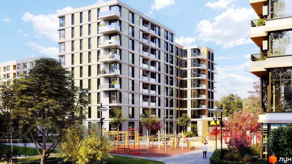 Багатоповерховий житловий комплекс Krona Park II зі світлим фасадом та балконами. На прибудинковій території розташований дитячий майданчик та дерева.