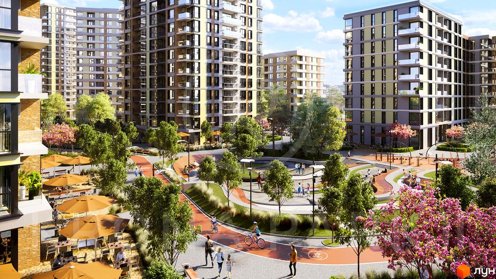 Вигляд на Житловий комплекс Krona Park II з багатоповерховими будинками та пішохідною зоною з деревами. На території є місця для відпочинку.