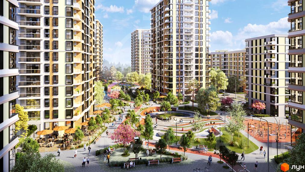 Багатоповерхові будинки Житлового комплексу Krona Park II з світлими фасадами та балконами. Прибудинкова територія має зелені зони, дитячий майданчик та кафе.