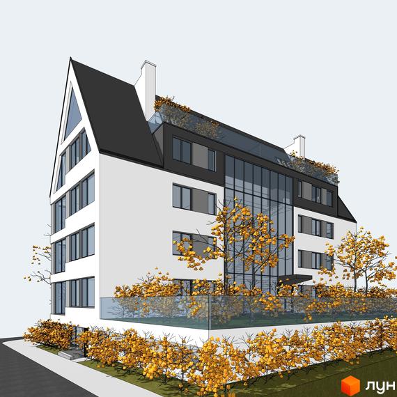 Будівельний проєкт Кругла, 9: фасади з великими вікнами та мансардним дахом, зелена зона з деревами та скляною огорожею.