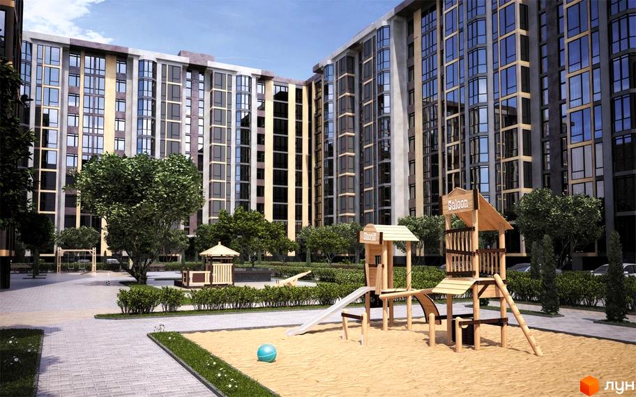 Житловий комплекс Софіївська сфера з дитячим майданчиком на території. Високі будинки з великими вікнами та доглянута прибудинкова територія з зеленими насадженнями.