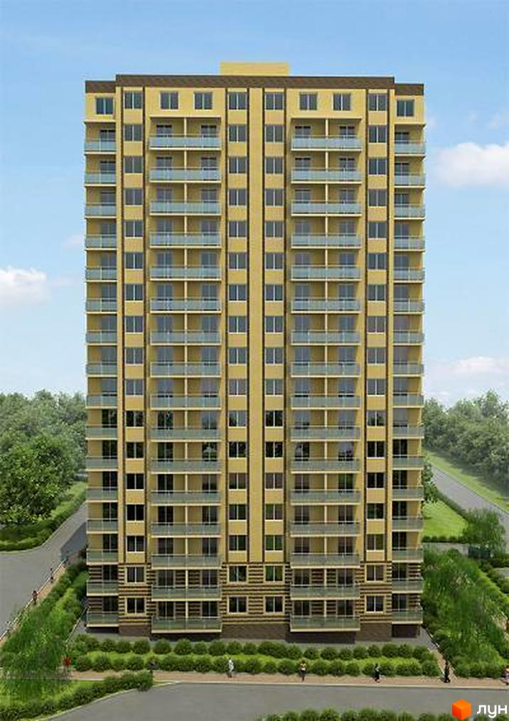 Новобудова Будинок на Сахарова: багатоповерховий будинок з жовтим фасадом та скляними балконами, навколо зелені насадження та доріжки.