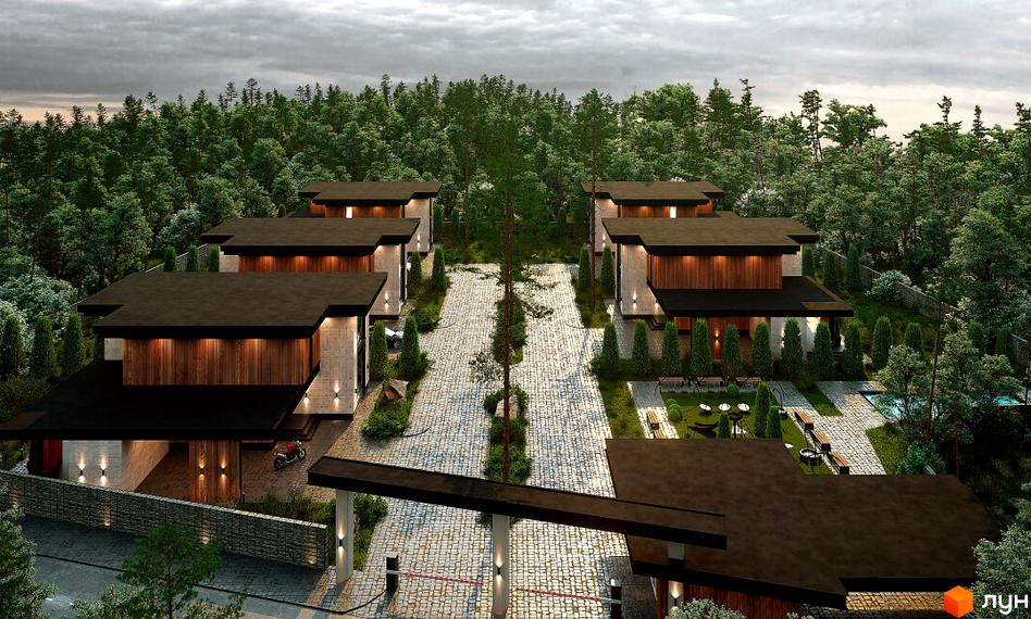 Котеджне містечко MAREA CLUB ROMANKIV з сучасними будинками та доглянутою прибудинковою територією з басейном та зонами відпочинку.