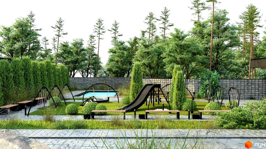 Котеджний містечко MAREA CLUB ROMANKIV. Дитячий майданчик з гіркою, гойдалками та басейном на фоні зелених дерев та паркану.