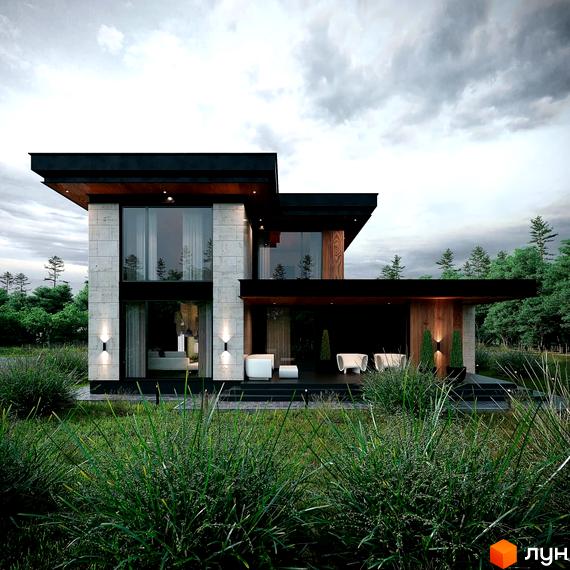 Сучасний двоповерховий будинок з великими вікнами та дерев'яними елементами фасаду, оточений зеленню та доглянутою прибудинковою територією.