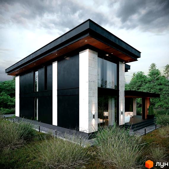 Котеджне містечко MAREA CLUB ROMANKIV. Сучасний двоповерховий будинок з чорним фасадом, великими вікнами та кам'яними колонами на тлі зеленого лісу.