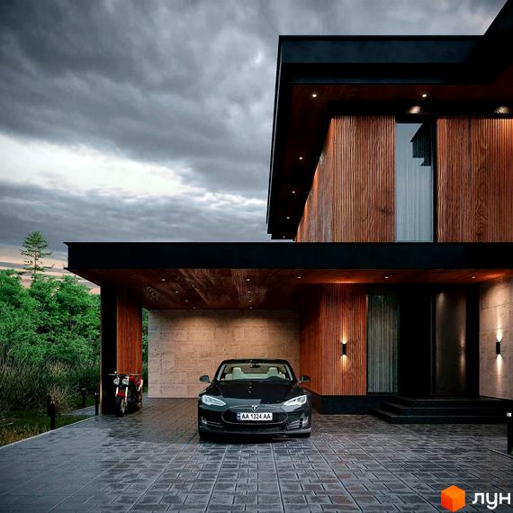 Котеджне містечко MAREA CLUB ROMANKIV. Сучасний будинок з дерев'яним фасадом, навісом для авто та мотоциклом на бруківці.