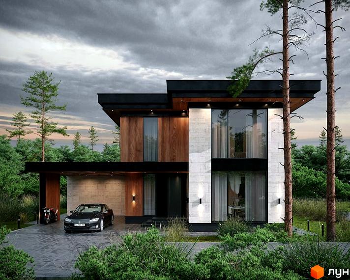 Котеджне містечко MAREA CLUB ROMANKIV. Сучасний двоповерховий будинок з дерев'яними та кам'яними елементами фасаду, великими вікнами та доглянутою прибудинковою територією з деревами та кущами.