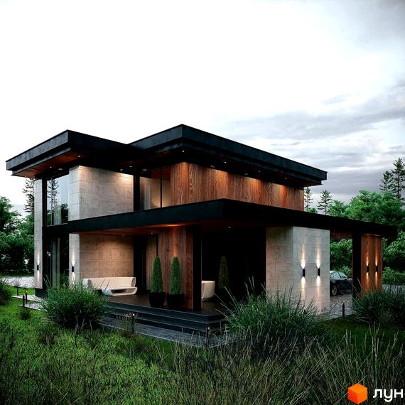 Котеджне містечко MAREA CLUB ROMANKIV. Сучасний двоповерховий будинок з дерев'яними та кам'яними елементами, великими вікнами та доглянутою прибудинковою територією з зеленню.