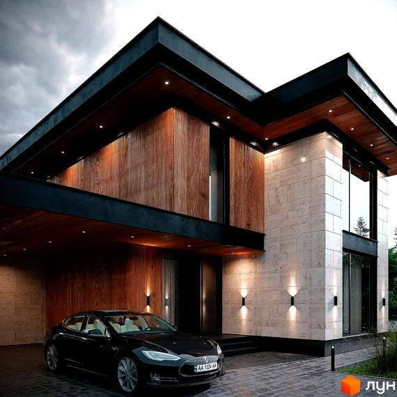 Котеджне містечко MAREA CLUB ROMANKIV. Сучасний будинок з дерев'яними та кам'яними елементами фасаду, паркування з чорним автомобілем.