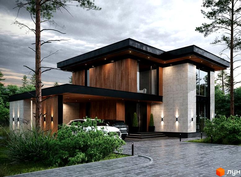 Котеджне містечко MAREA CLUB ROMANKIV. Зовнішній вигляд будинку з дерев'яними та кам'яними елементами, великими вікнами, прибудинкова територія з автомобілями та зеленню.