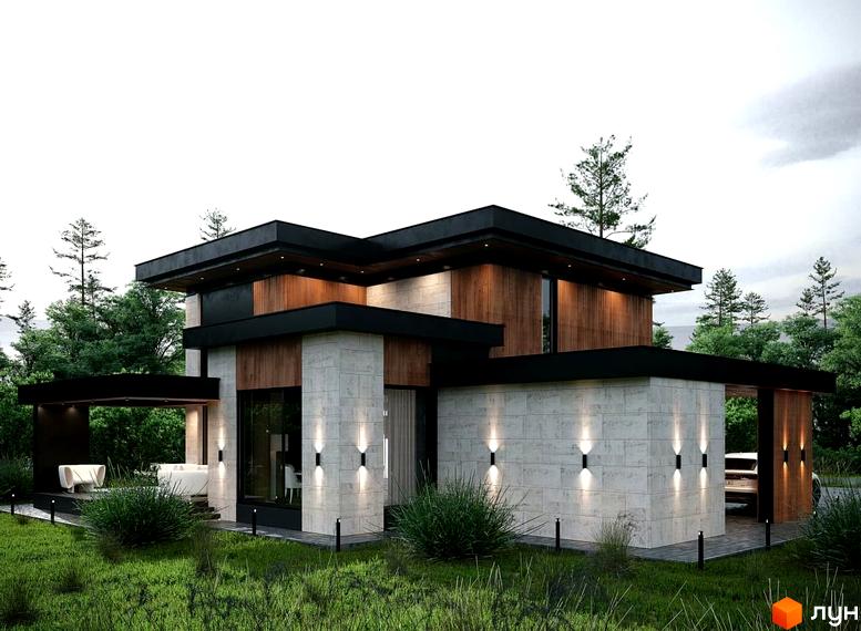 Котеджне містечко MAREA CLUB ROMANKIV, двоповерховий будинок з дерев'яними та кам'яними елементами фасаду, оточений зеленню та деревами.