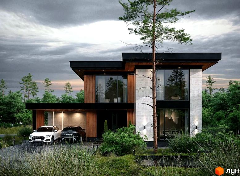 Котеджне містечко MAREA CLUB ROMANKIV. Сучасний двоповерховий будинок з великими вікнами та дерев'яними елементами, розташований серед зелені з двома автомобілями на подвір'ї.