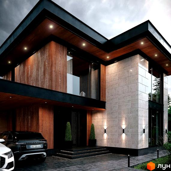 Котеджне містечко MAREA CLUB ROMANKIV. Сучасний двоповерховий будинок з дерев'яними та кам'яними елементами фасаду, великими вікнами та прибудинковою територією з ландшафтним дизайном.