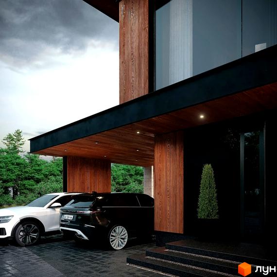 Котеджне містечко MAREA CLUB ROMANKIV. Зовнішній вигляд будинку з дерев'яними елементами та чорними фасадами, прибудинкова територія з автомобілями та зеленими насадженнями.