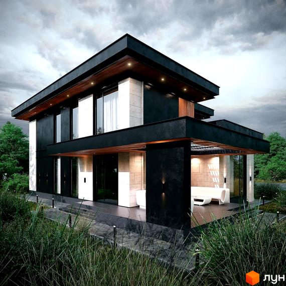 Котеджне містечко MAREA CLUB ROMANKIV. Двоповерховий будинок з чорними та білими фасадами, великими вікнами, дерев'яними елементами та терасою. Навколо будинку зелені насадження та доріжка з освітленням.