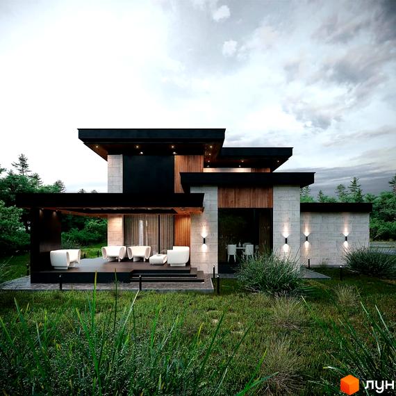 Котеджне містечко MAREA CLUB ROMANKIV. Сучасний двоповерховий будинок з великими вікнами та терасою, оточений зеленню та доглянутою прибудинковою територією.