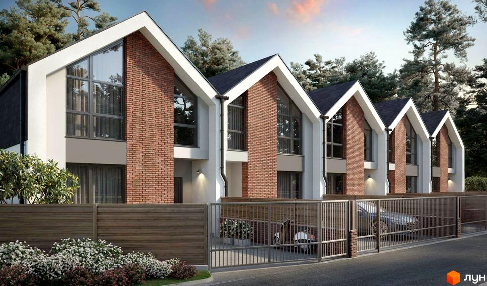 Таунхауси Scandi House з цегляними фасадами та великими вікнами, огороджена територія з парканом та квітами.