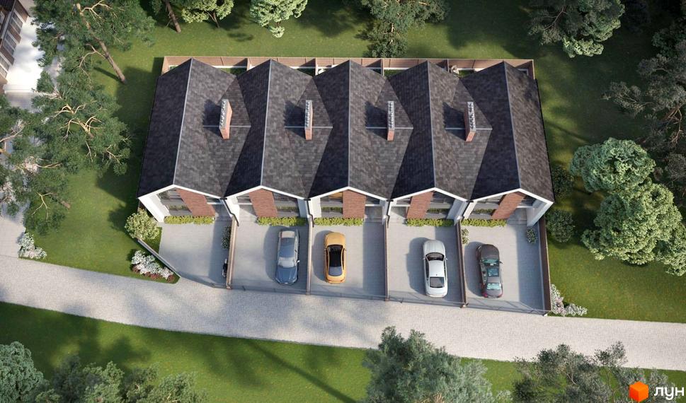 Вид зверху на таунхауси Scandi House з цегляним фасадом та темним дахом, перед кожним будинком розташовані паркомісця з автомобілями.
