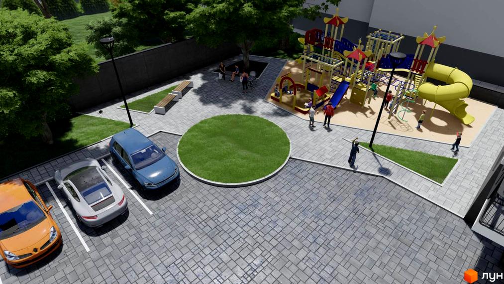 Дитячий майданчик та парковка біля житлового комплексу Затишний. Зелена зона та зони відпочинку для мешканців.