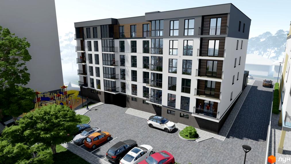 Зовнішній вигляд житлового комплексу Затишний з парковкою та дитячим майданчиком. Сучасна архітектура новобудови з балконами та великими вікнами.