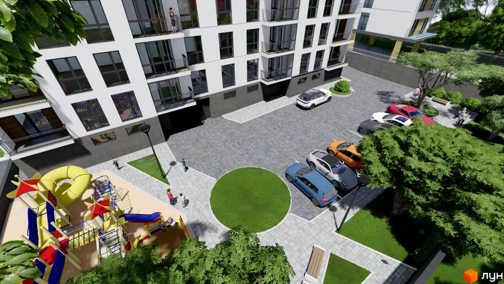 Зовнішній вигляд новобудови ЖК Затишний з дитячим майданчиком та парковкою. Прибудинкова територія з деревами та зонами відпочинку.