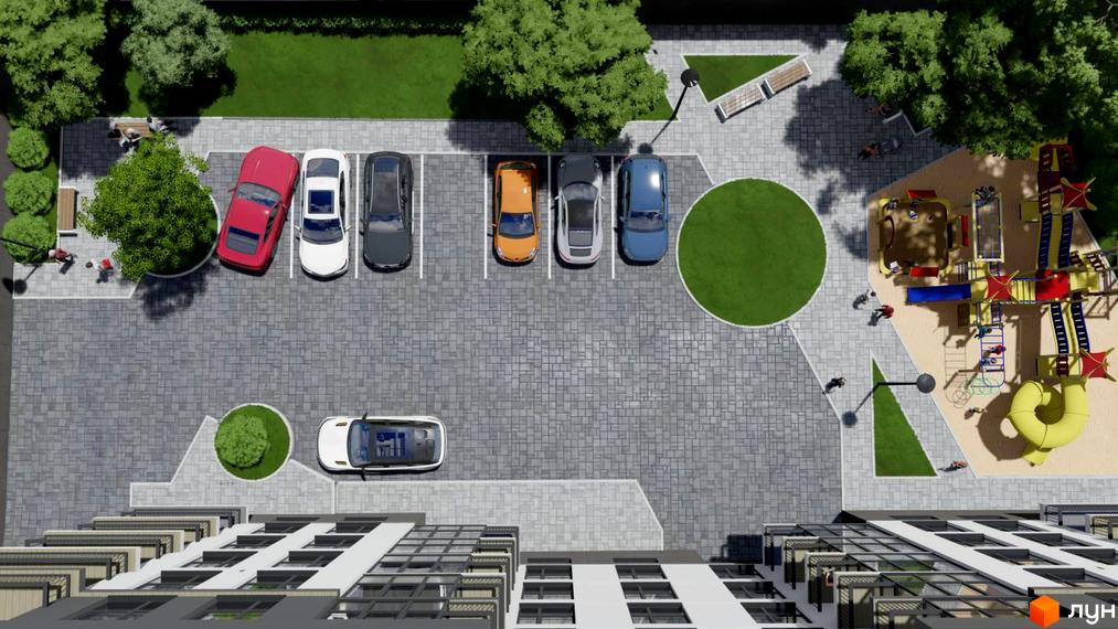 Житловий комплекс Затишний з парковкою, дитячим майданчиком та зонами відпочинку. Вид зверху на новобудову та прибудинкову територію.