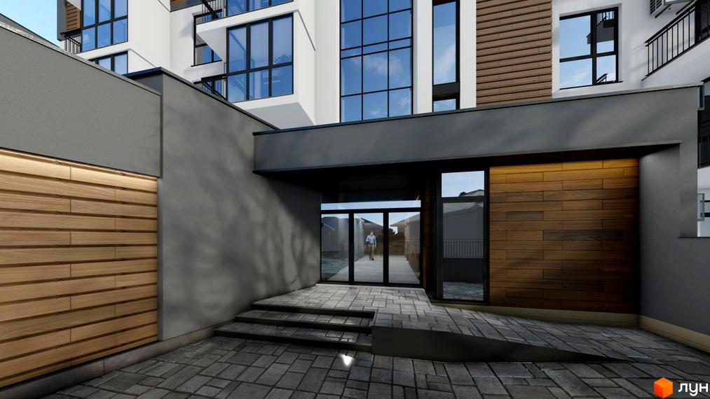 Зовнішній вигляд новобудови ЖК Затишний з дерев'яним оздобленням фасаду та вхідною групою. Прибудинкова територія з бруківкою та освітленням.