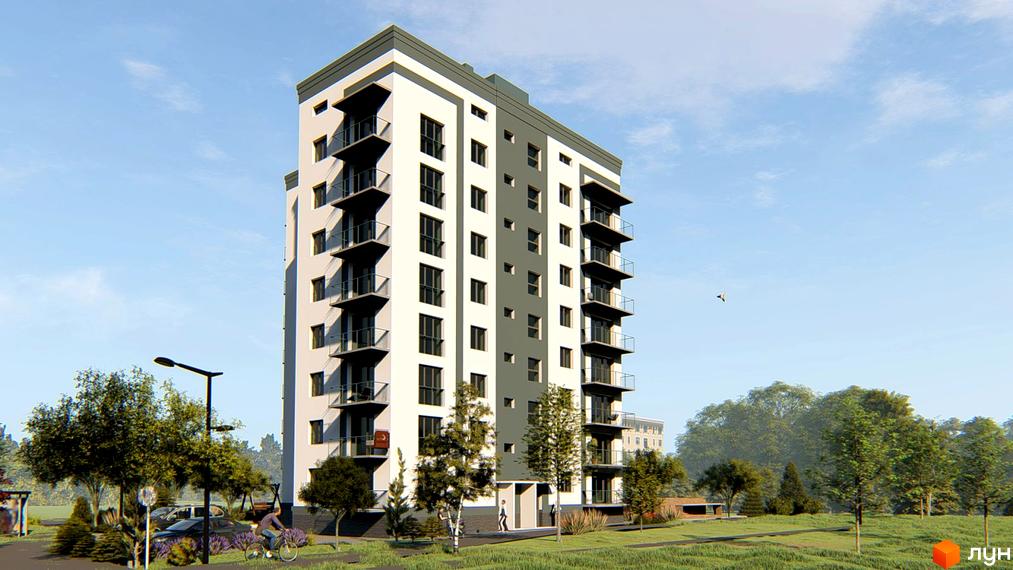 Зовнішній вигляд новобудови ЖК Новий Світ з балконами та вікнами, прибудинкова територія з деревами та дорогою.