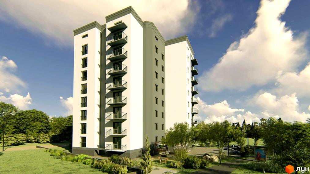 Новобудова ЖК Новий Світ - це висотна будівля з балконами та вікнами, оточена зеленим ландшафтом з деревами та газонами.