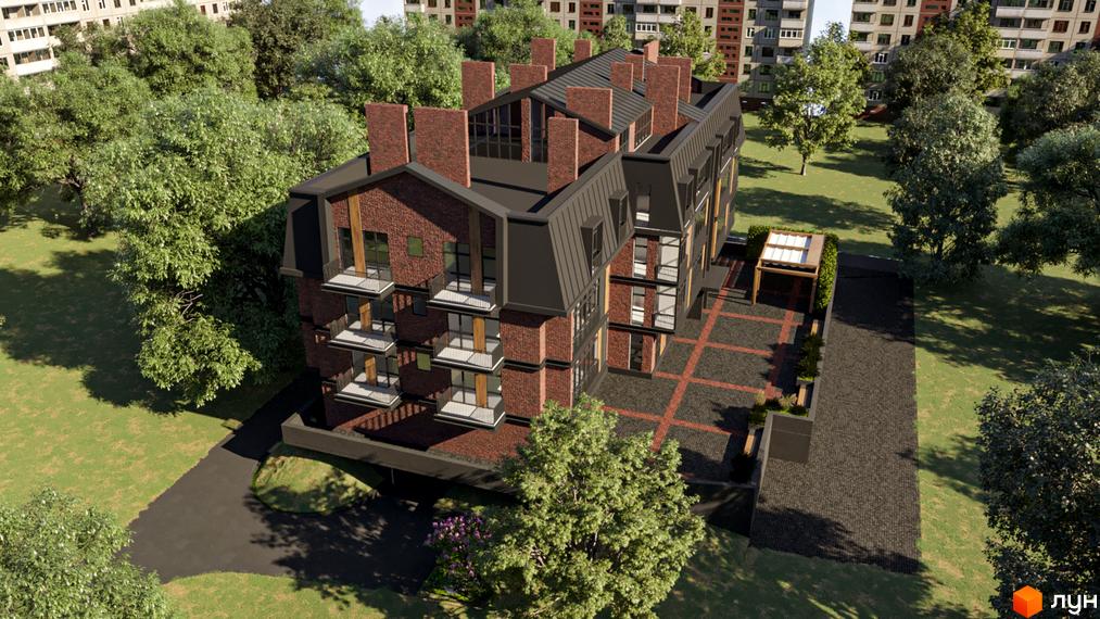 Житловий комплекс Good House з цегляним фасадом та балконами. На прибудинковій території зелені насадження та вимощені доріжки.