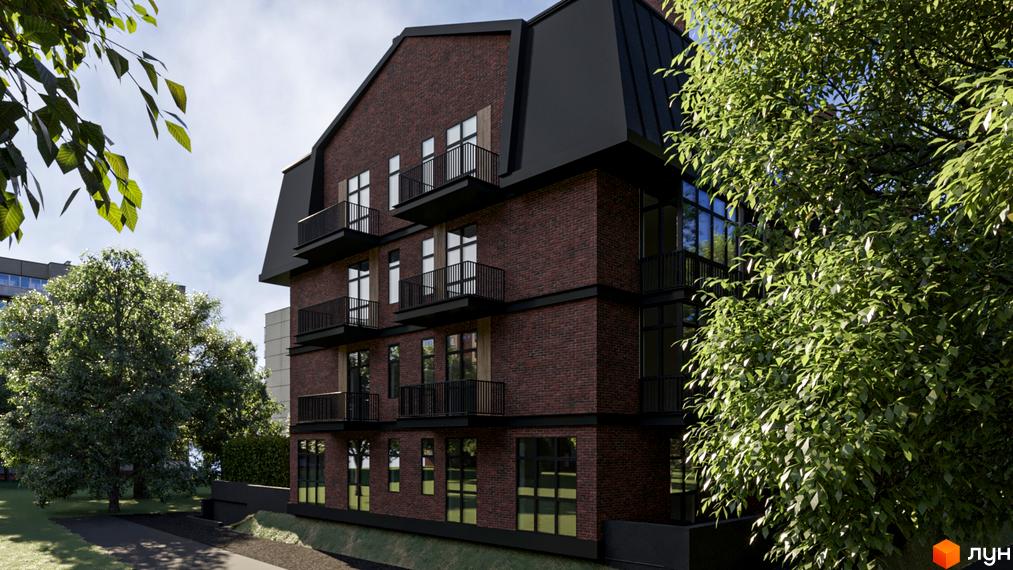 Житловий комплекс Good House: цегляний будинок з балконами та великими вікнами, оточений зеленню та деревами.
