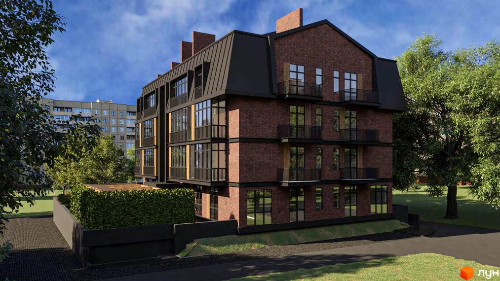 Будинок ЖК Good House з червоної цегли з чорним дахом та балконами. Навколо будинку зелені дерева та кущі.