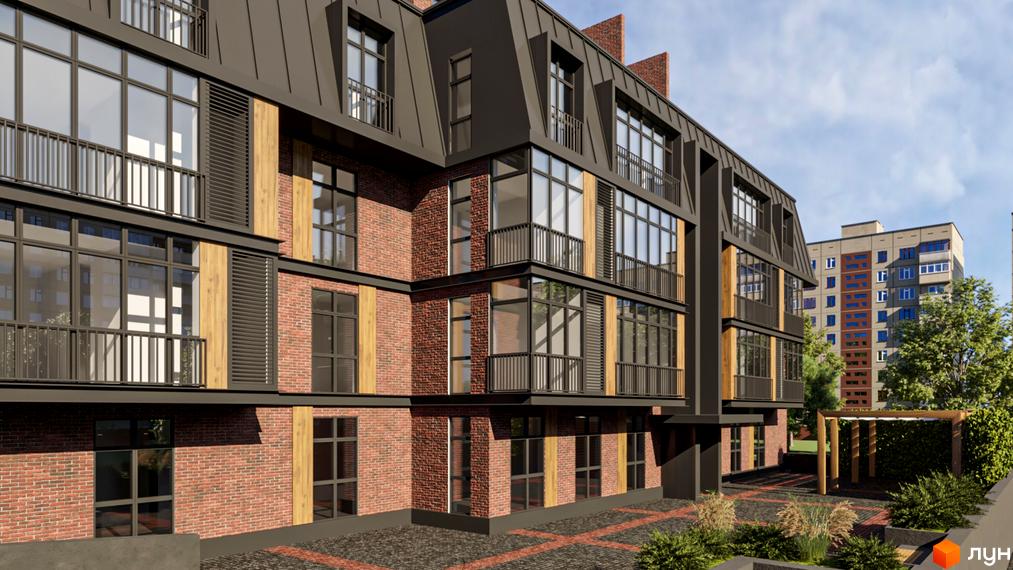 Зовнішній вигляд житлового комплексу Good House з цегляним фасадом, великими вікнами та балконами. Прибудинкова територія з деревами та зоною відпочинку.