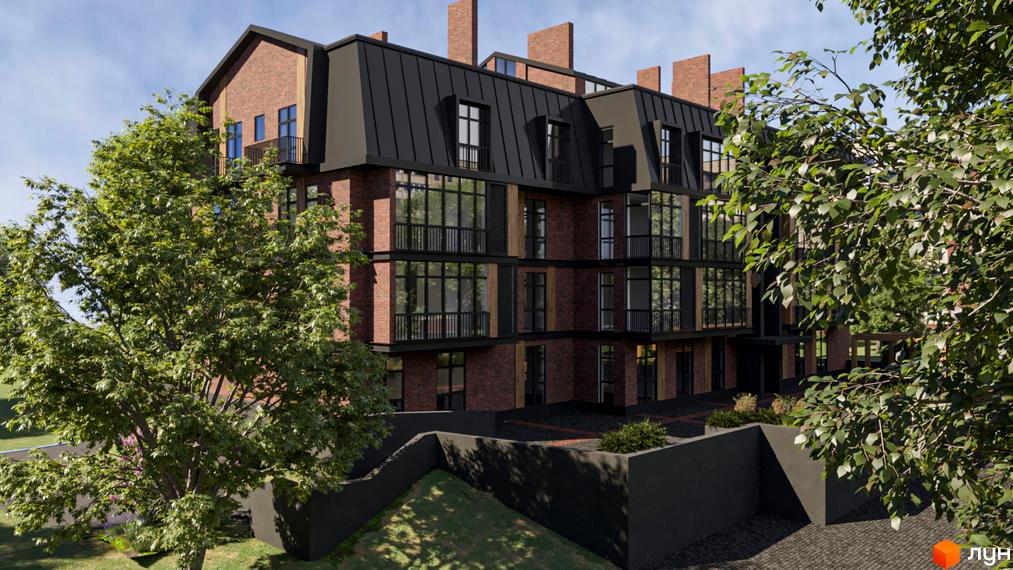 Житловий комплекс Good House з цегляним фасадом та темним дахом. Навколо новобудови зелена прибудинкова територія з деревами та газоном.