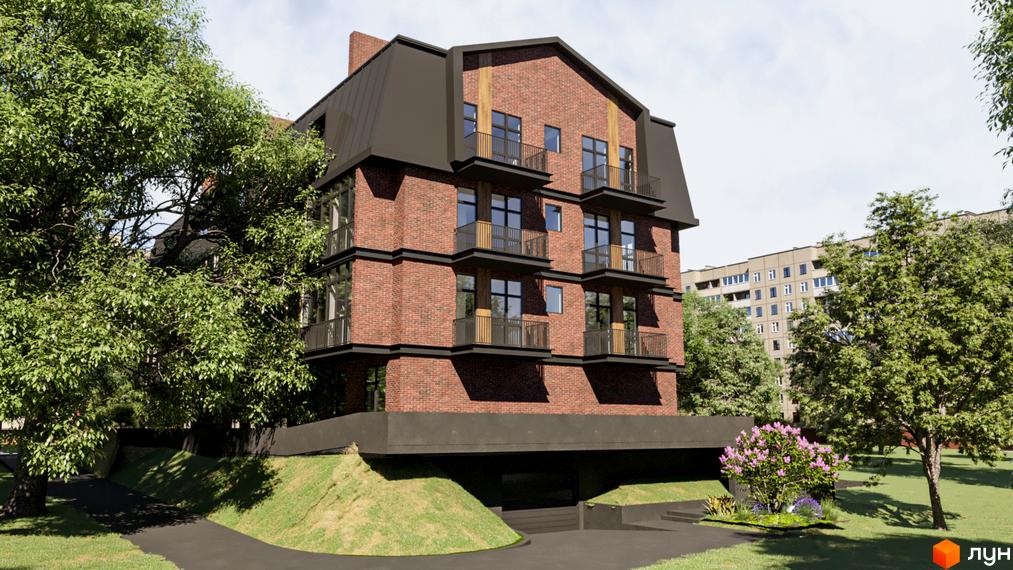 Житловий комплекс Good House з цегляним фасадом, балконами та зеленим подвір'ям. Сучасна архітектура та комфортне проживання.