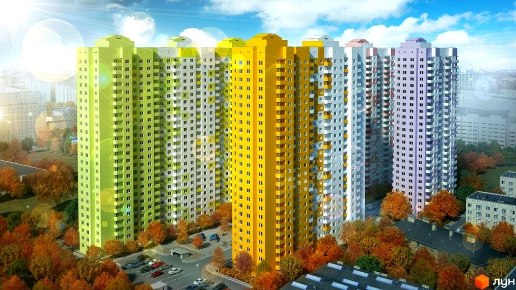 Житловий комплекс Амурський: яскраві багатоповерхівки з балконами та прибудинкова територія з деревами восени. Надійний будівельний проєкт для вашого комфорту.