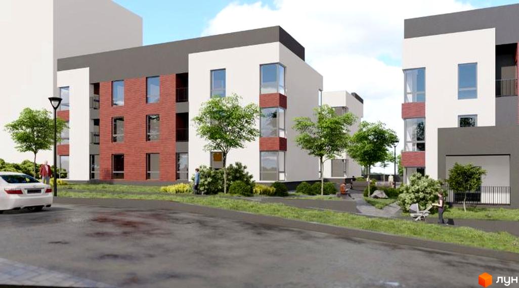 Зовнішній вигляд новобудови ЖК Cherry House 2 з цегляними та білими фасадами, вікнами еркерного типу та прибудинковою територією з деревами та місцями для відпочинку.