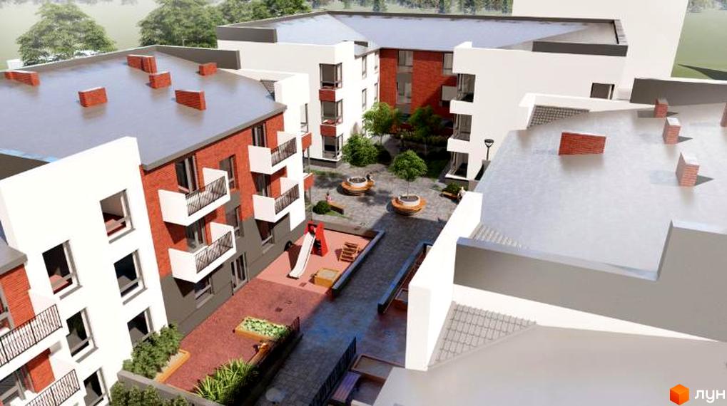 Зовнішній вигляд новобудови ЖК Cherry House 2 з цегляними та білими фасадами, балконами та внутрішнім двором з дитячим майданчиком та зонами відпочинку.