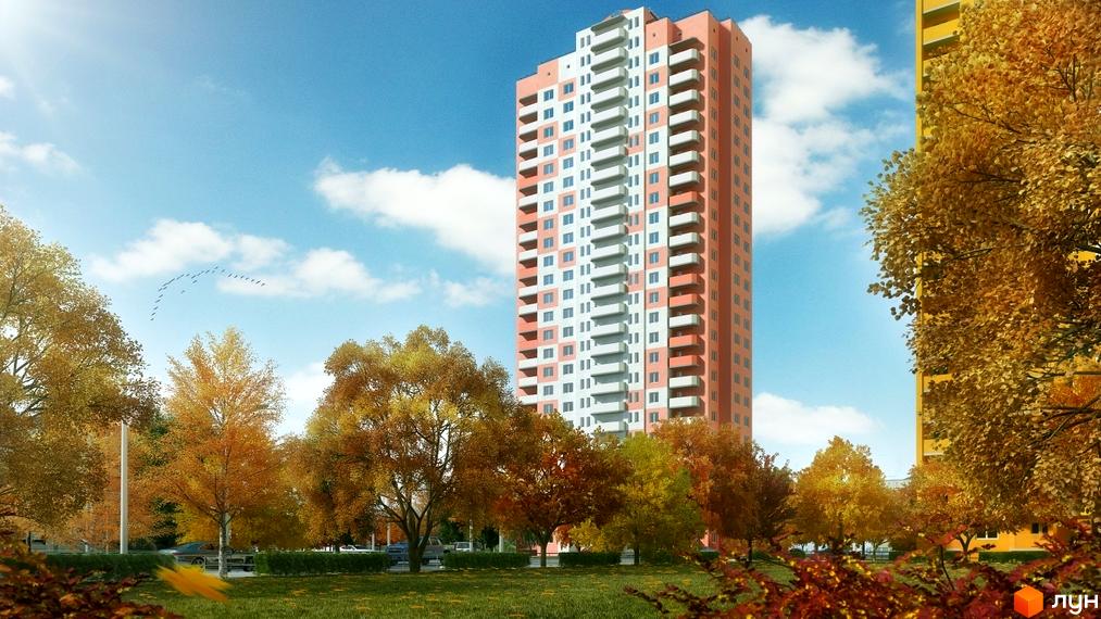Житловий комплекс Амурський: висотна будівля з біло-рожевим фасадом та балконами на тлі осіннього парку та блакитного неба з хмарами. Навколо зеленіють дерева та кущі, видно автомобілі.